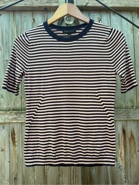 Banana Republic Navy & Peach Striped Short Sleeve Top Nautical Preppy Business